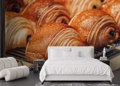 Close-up of fresh and beautiful pain au chocolats in a bakery showcase. Wall mural