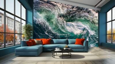 Blue waves of water of the river and the sea meet each other during high tide and low tide. Wall mural