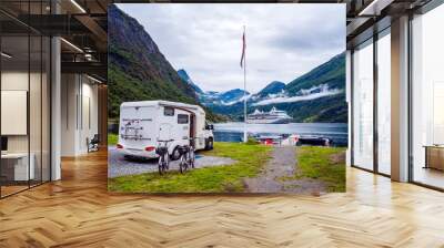 Geiranger fjord, Norway. Family vacation travel RV, holiday trip in motorhome, Caravan car Vacation. Wall mural