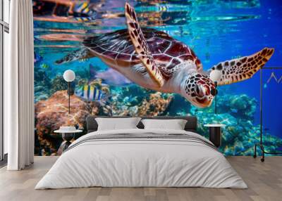 Sea turtle swims under water on the background of coral reefs Wall mural