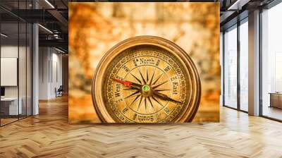 Vintage compass lies on an ancient world map. Wall mural