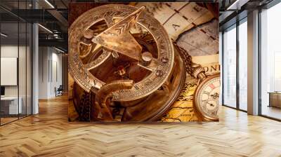 Vintage style travel and adventure. Vintage old compass and other vintage items on the table. Wall mural