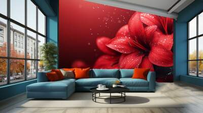 Beautiful elegant red color flowers and waterdrops on red color background, dark theme, wallpaper design, minimalist design
 Wall mural