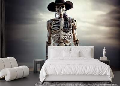 beautiful human skeleton in a cowboy hat, on a wasteland background, skull, fantasy, generated by AI Wall mural