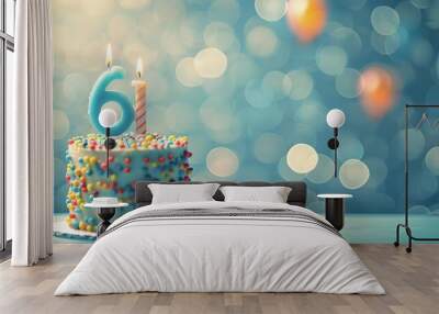 Birthday or anniversary cake with number 6 candle, balloons, party decorations on blurred background Wall mural