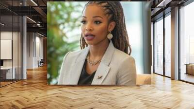 Black business woman speaking at a workshop with colleagues in a conference setting
 Wall mural