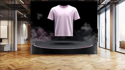 Blank Pink T-Shirt Mockup Floating On A Round Podium, Black Background With Smoke. 3D Render. Wall mural