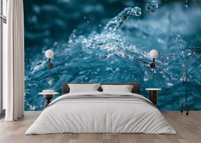 Blue Water Splash, Close Up With Bubbles, Droplets, And Ripples. Aqua Background Texture. Wall mural