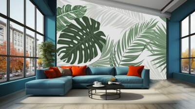 Botanical background. Tropical plant wallpaper with foliage, palm, leaves, monstera in hand drawn pattern. Green design for cover, prints, wall art, decorative. Wall mural