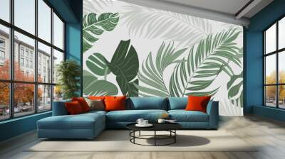 Botanical background. Tropical plant wallpaper with foliage, palm, leaves, monstera in hand drawn pattern. Green design for cover, prints, wall art, decorative. Wall mural