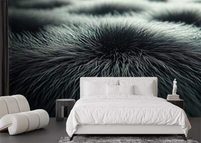 Close-up photo of black animal fur texture. Abstract fluffy background, soft material. Fur pattern. Wall mural