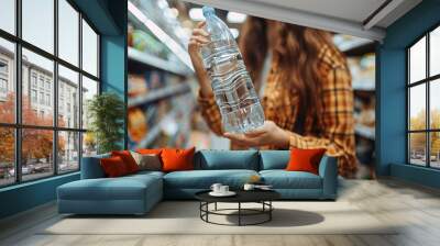 Closeup of woman s hand picking plastic water bottle from the shelf in a supermarket Wall mural