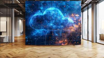 Cloud Computing Technology, Network Connections Visual, Cloud Shape, Cyber Security, Data Storage Wall mural