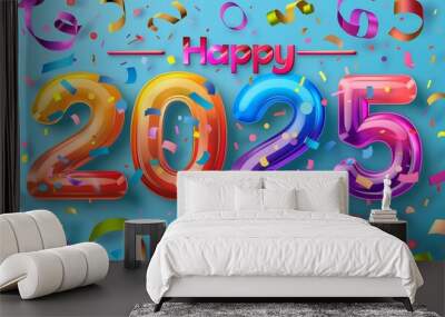 Colorful and festive new year 2025 with confetti and glitter on a blue background. The image is intended to convey a sense of celebration and joy in the coming new year Wall mural