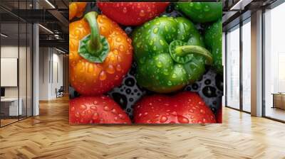 Colorful bell peppers with water droplets   fresh vegetable backdrop for healthy eating concepts. Wall mural