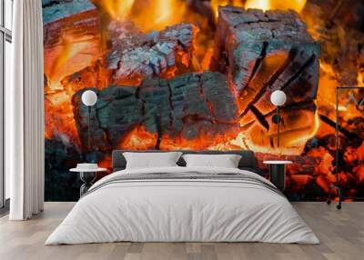 Crest of flame on burning wood in fireplace. Burning firewood in a Russian stove. Wall mural