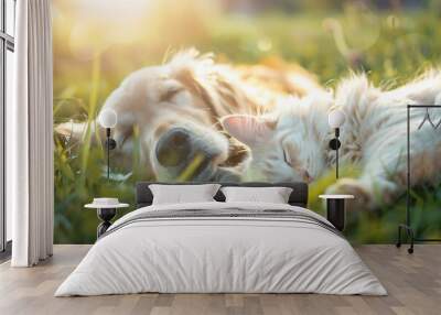 Cute dog and cat laying together on a green grass field, on a sunny day. Sleepy relaxed, healthy animals.  Wall mural