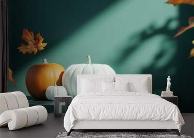 Decorative podium with white fresh pumpkin and autumn leaf on green table
 Wall mural