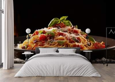 Delectable italian spaghetti pasta on a stylish black plate with a captivating dark background Wall mural