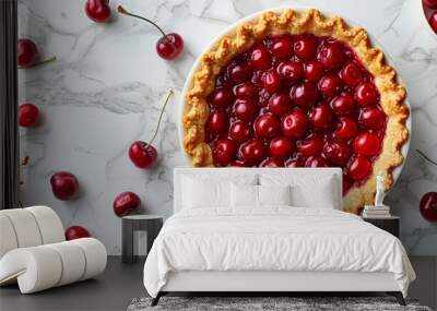 Delicious Cherry Pie on Marble Classic Dessert Surrounded by Fresh, Ripe Cherries, Top View Wall mural