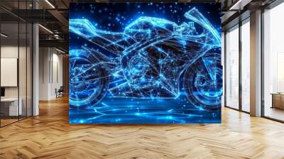 Digital Motorcycle, Blue Technology Background. Abstract Two Wheeler Symbol Lines, Connected Dots. Wall mural