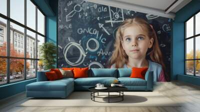 doodles above beautiful cute little girl. modern education concept Wall mural