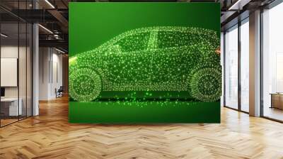 Electric Car Charging on Green Background Sustainable Transportation, EV Charging Station Concept Wall mural