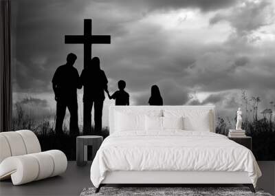 Family looking christian cross silhouette
 Wall mural