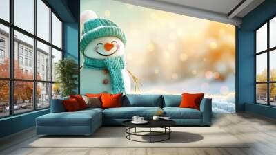 Festive winter holiday banner  cheerful snowman in hat and scarf on snowy background with copy space Wall mural