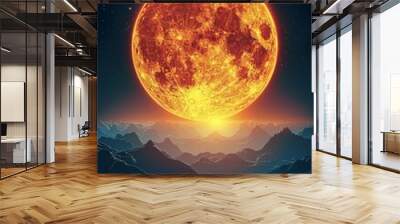 Fiery Orange Full Moon Rising Over Mountains, Hills, and Valleys in a Surreal Landscape Wall mural