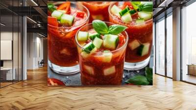 Fresh Cold Gazpacho Soup with Cucumber, Tomatoes, Herbs, and Croutons on Dark Background Wall mural