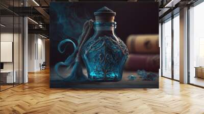 Glass bottle with blue liquid. Magical alchemy potion.Perfume. Wall mural