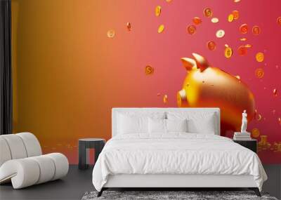 Golden Piggy Bank with Falling Coins A Symbol of Savings, Wealth, and Financial Success Wall mural