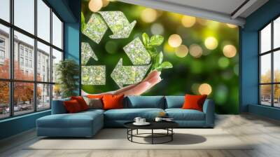 Green Leaf Recycle Symbol Save The Planet World Eco, Concept Hand Holding Environment Background Wall mural