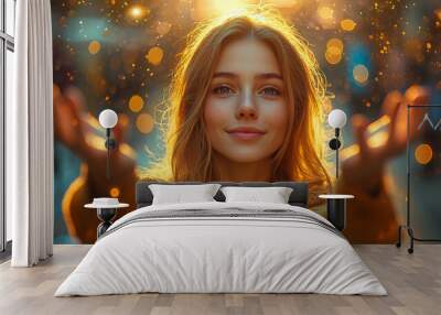 Happy girl, stretches her arms towards the camera, facing the camera Wall mural