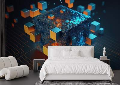 Big Data concept. Digital neural network.Business woman hand touching Introduction of artificial intelligence. Cyberspace of future.Science and innovation of technology.

 Wall mural