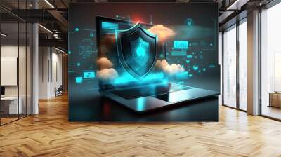 Cyber security, data protection, cyberattacks concept on blue background. Database security software development. Online security concept. Laptop protected with shield. AI Wall mural