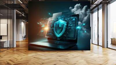 Cyber security, data protection, cyberattacks concept on blue background. Database security software development. Online security concept. Laptop protected with shield. AI
 Wall mural