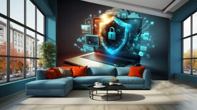 Cyber security, data protection, cyberattacks concept on blue background. Database security software development. Online security concept. Laptop protected with shield. AI Wall mural