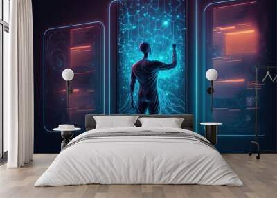 cyber security concept with businessman protect data and privacy and data privacy protection concept with shield and lock icon, ai	 Wall mural