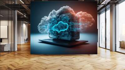 server room 3d illustration with node base programming data design element.concept of big data storage and cloud computing technology. AI
 Wall mural