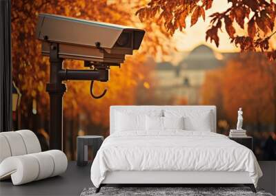 High definition outdoor surveillance camera on blurred background, customizable text space Wall mural