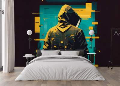 incognito person in  hoodie in front of a screen full of data, cybersecurity illustration, concept of cyber security Wall mural