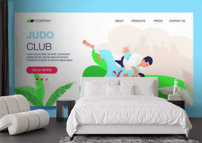 Judo club landing page design, vector illustration of two Judas fighting in competition for live sport tournament concept. Wall mural