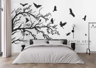 flock of flying birds on tree branch Wall mural