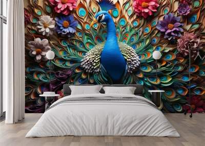 AI generated illustration of a peacock surrounded by an array of colorful flower Wall mural