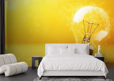 Light Bulb on Yellow Background Abstract Idea Generation with Lines, Connected Dots, and Triangles Wall mural