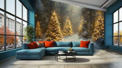 Magical forest with christmas trees and glowing lights
 Wall mural