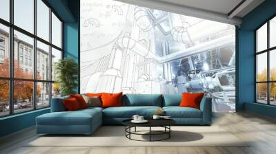 blueprint drawing combined with picture of equpment Wall mural