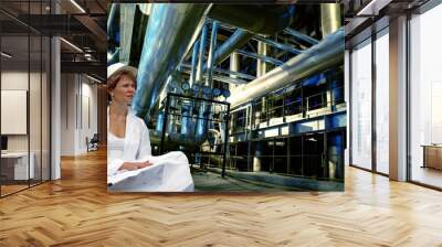 female engineer, pipes, tubes, machinery and steam turbine Wall mural